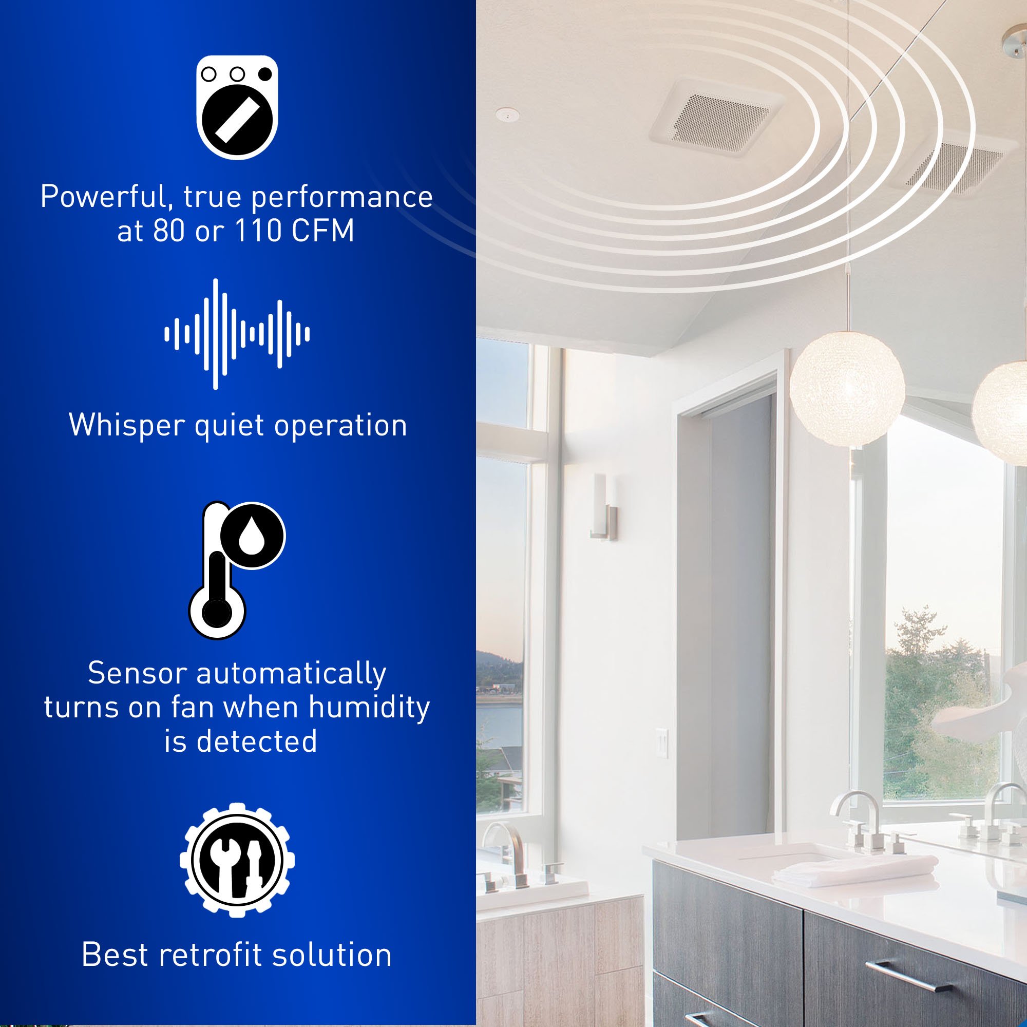 Whisper Remodel® DC Fan with Humidity Sensor and Pick-A-Flow®, 80